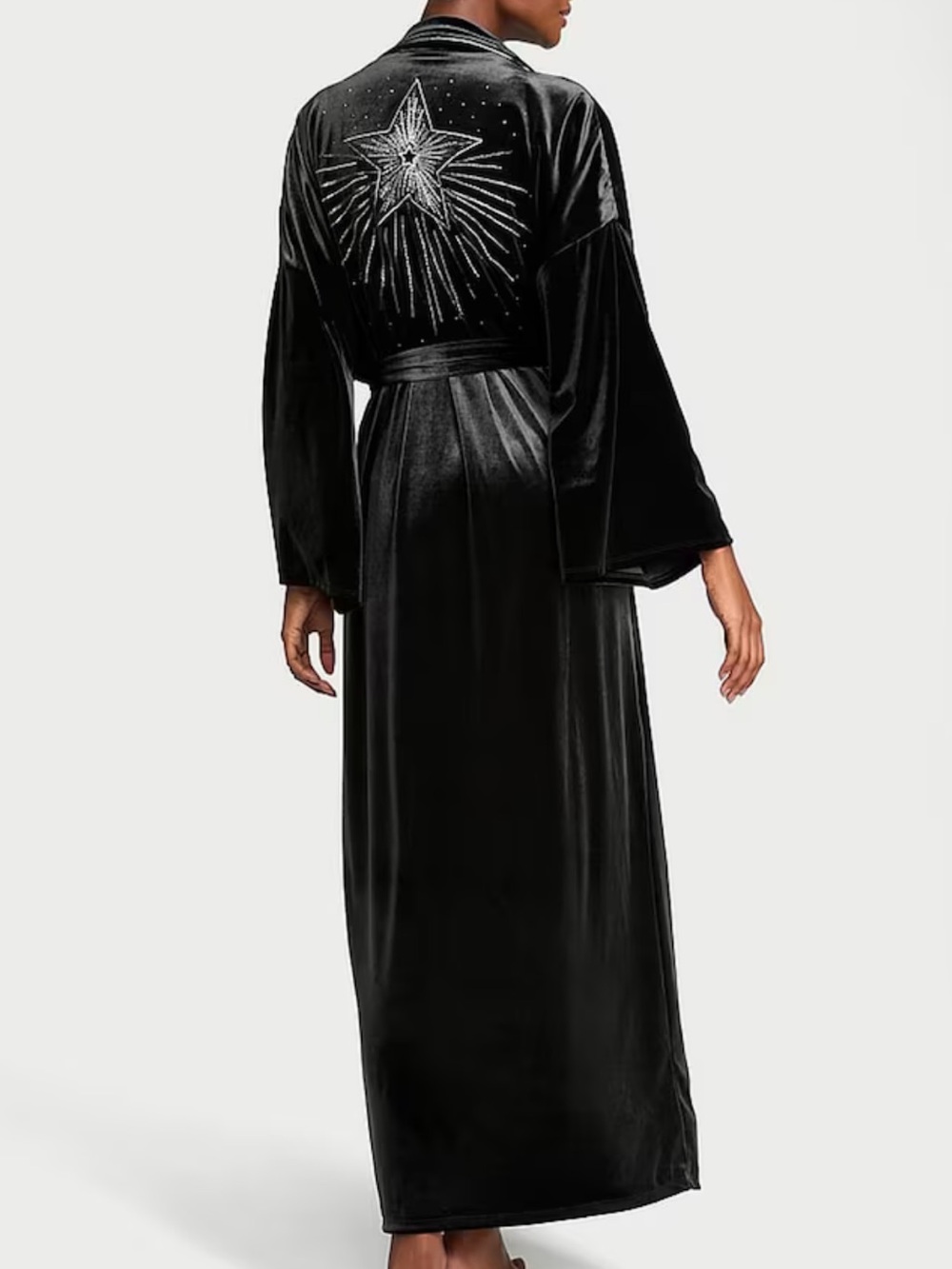 Victorias Secret Starstruck Black Velvet Embellished Star Rhinestone Long Robe